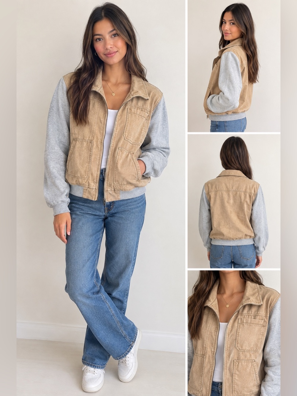 Anthropologie Hei Hei Tan and Gray Bomber Jacket with Zip Closure Medium